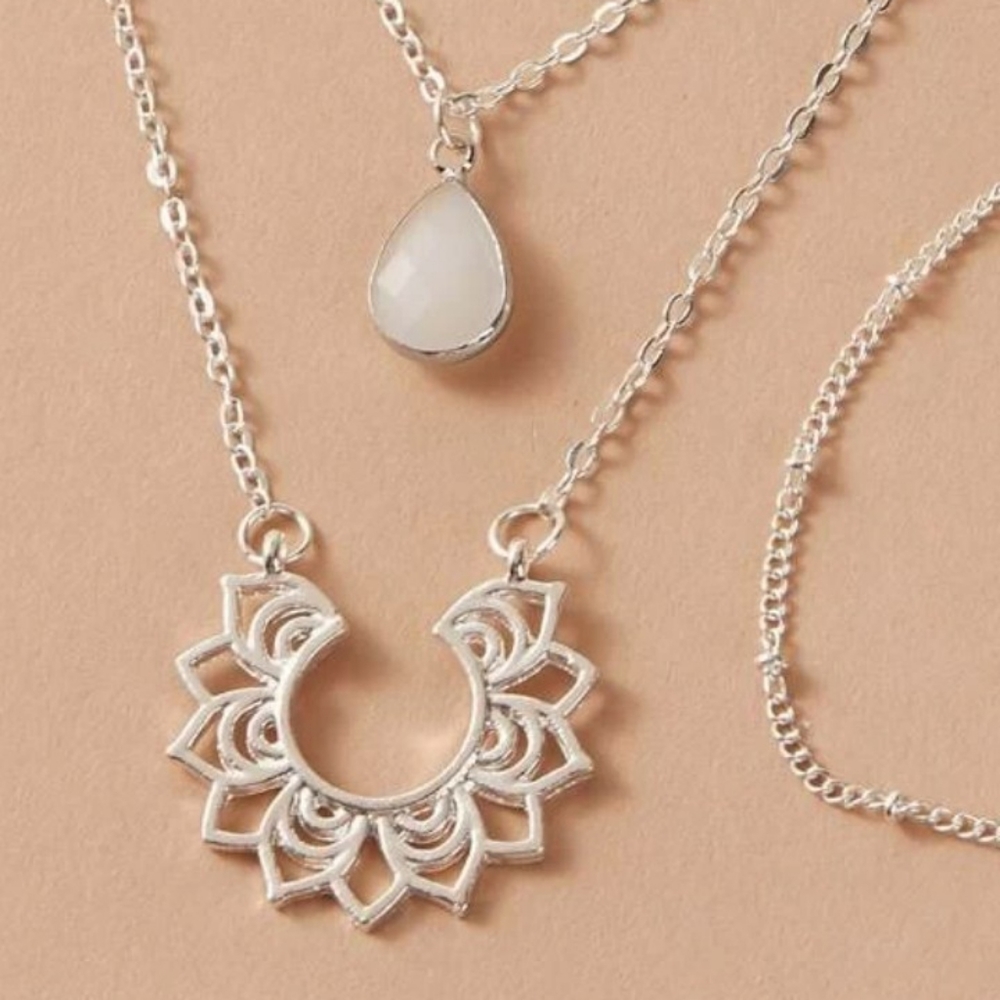 NEW Silver 2 pc Layered Lotus Water Drop Necklace - Picture 5 of 8